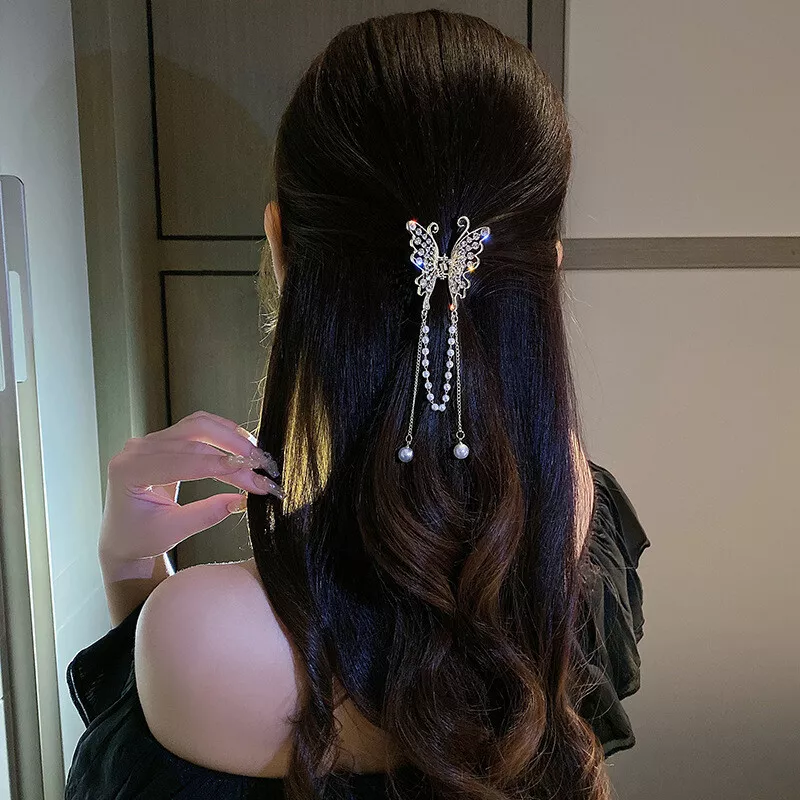 (5cm) Haarspange Klammer Strass Krallen Clip Haar Accessoire Schmetterling mit Perlen Anhänger - Gold / Weiss