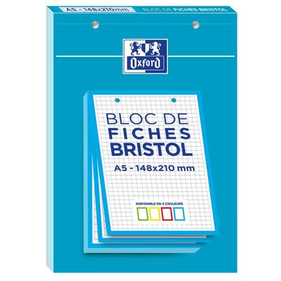 Oxford - Pack de 30 Fiches Bristol - A5 - petits carreaux - perforées - 4 couleurs disponibles selon stock du magasin