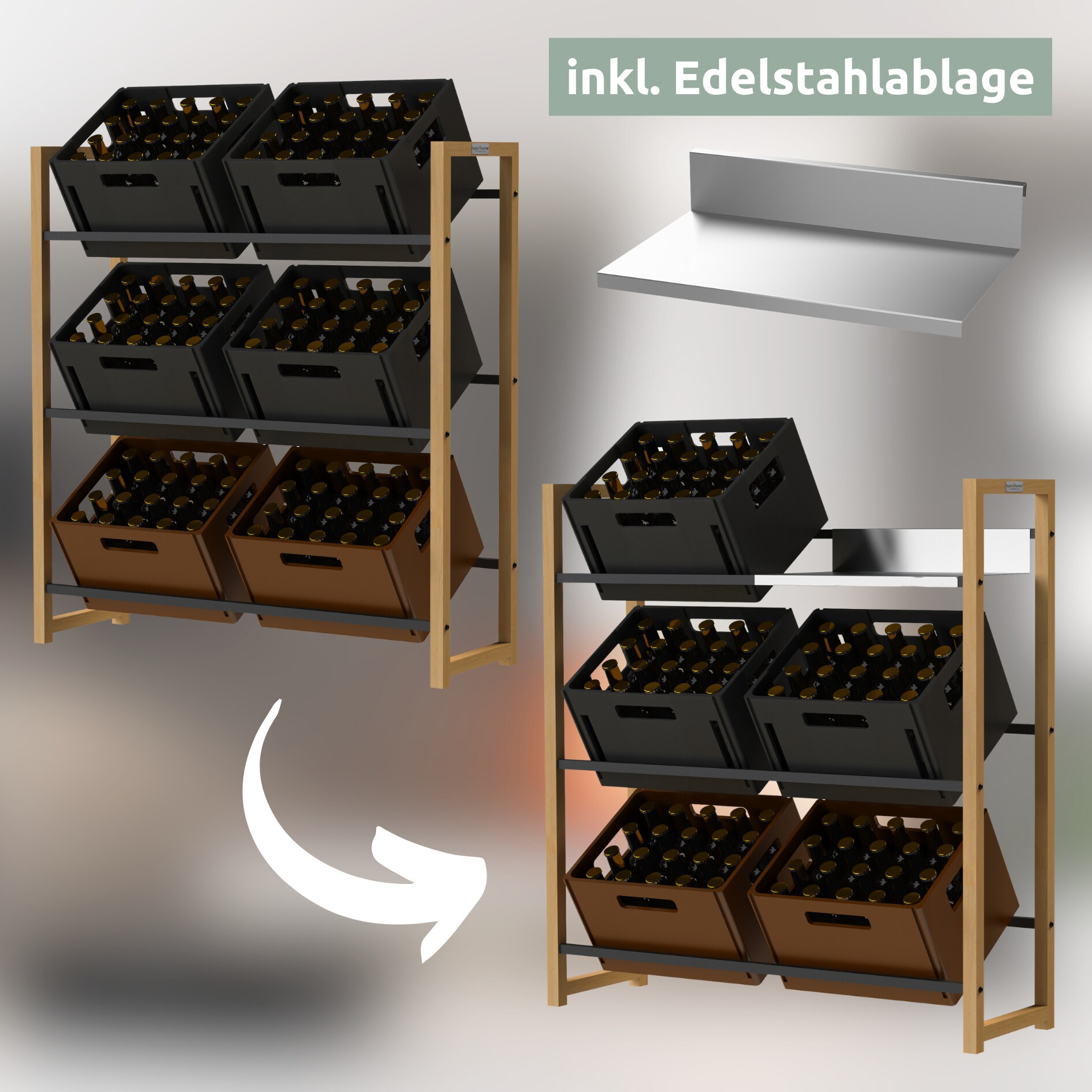 holz4home® Getränkekistenregal aus Bambus inkl. pulverbeschichteter Ablage I Schwarz | 6 Kisten