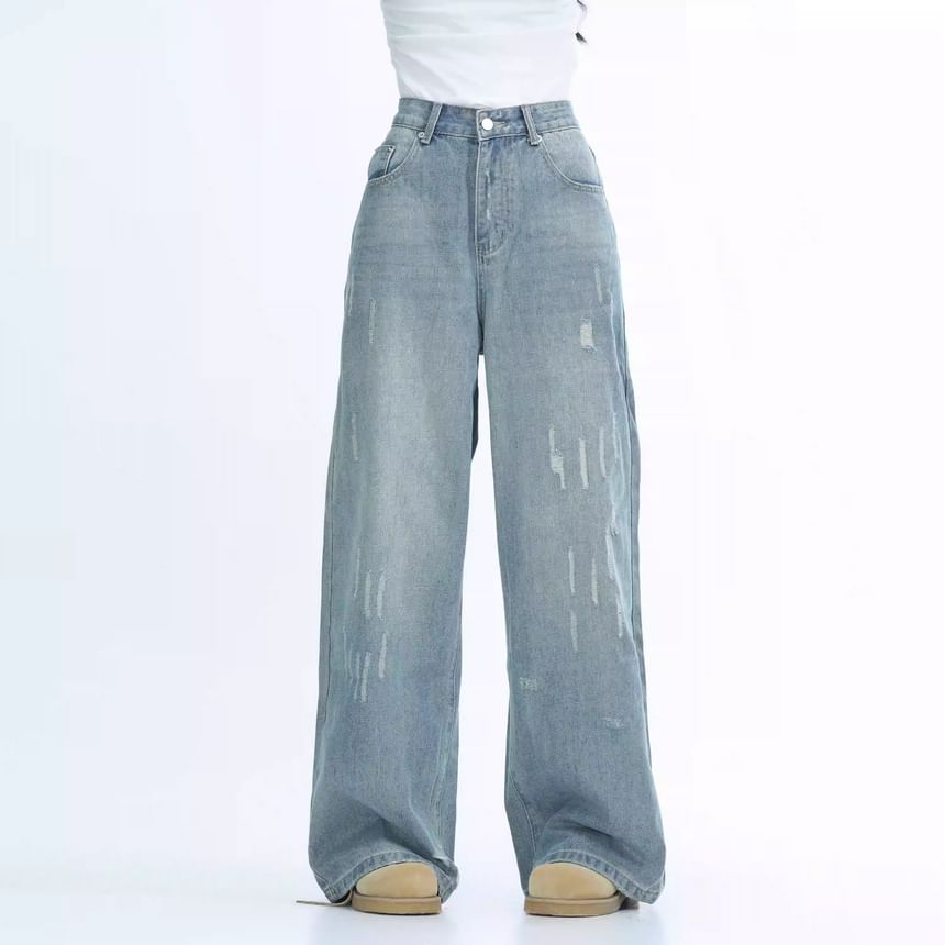 Rosesand - Hoge taille gewassen losse wijde jeans