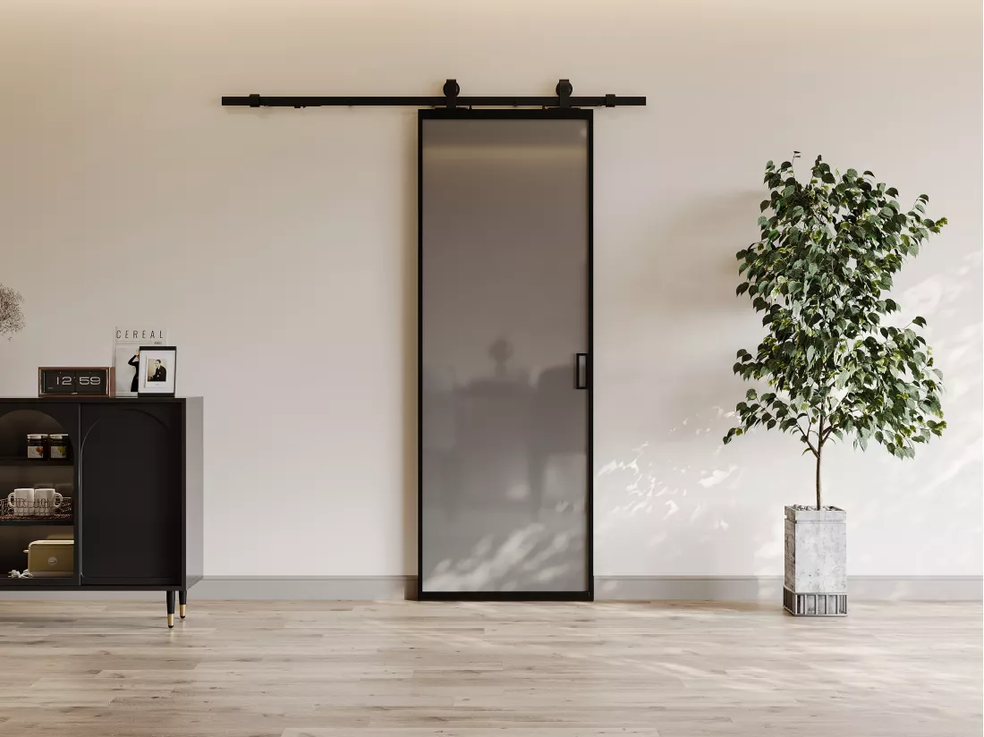 Porte coulissante avec système en applique - aluminium et verre trempé fumé dépoli - H205 x L83 cm - LINCI II