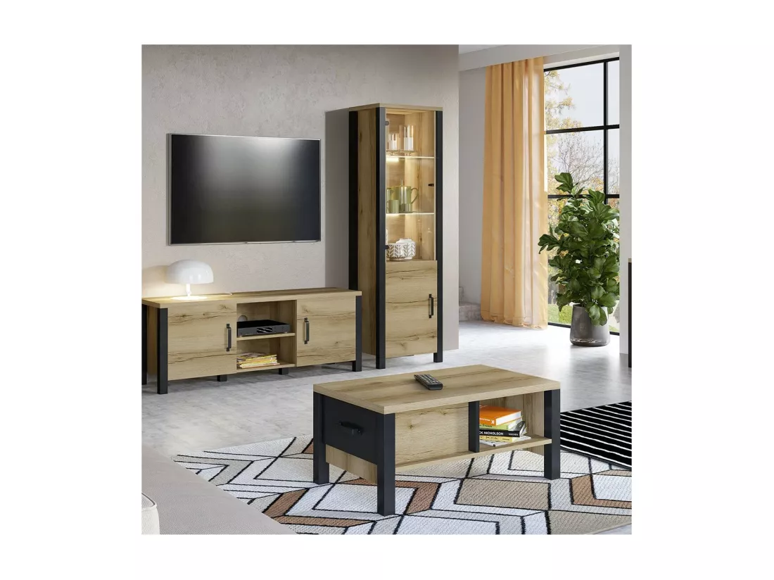 Vitrine haute design, 2 portes collection DARWIN. Couleur chêne clair et noir.