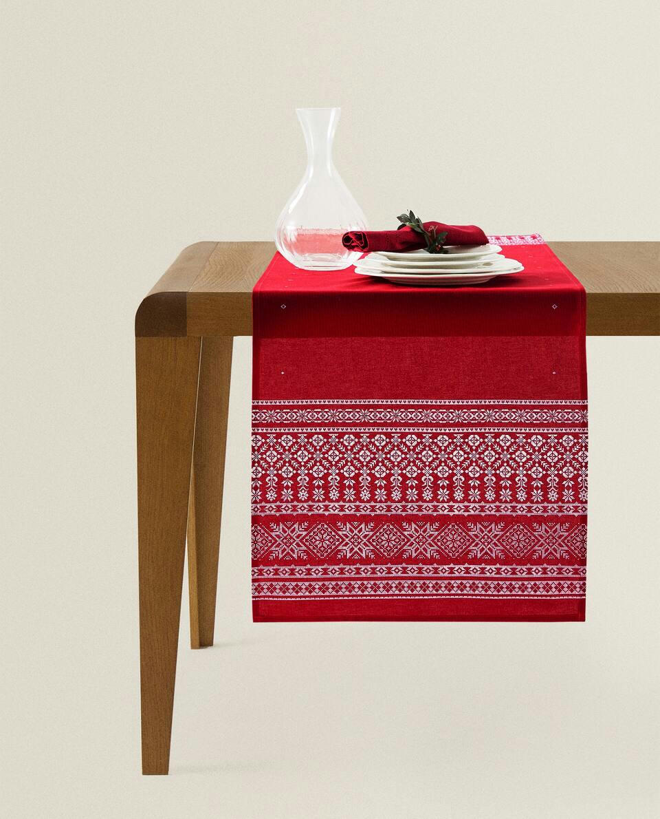 Caminho de mesa de algodão com borda natalina