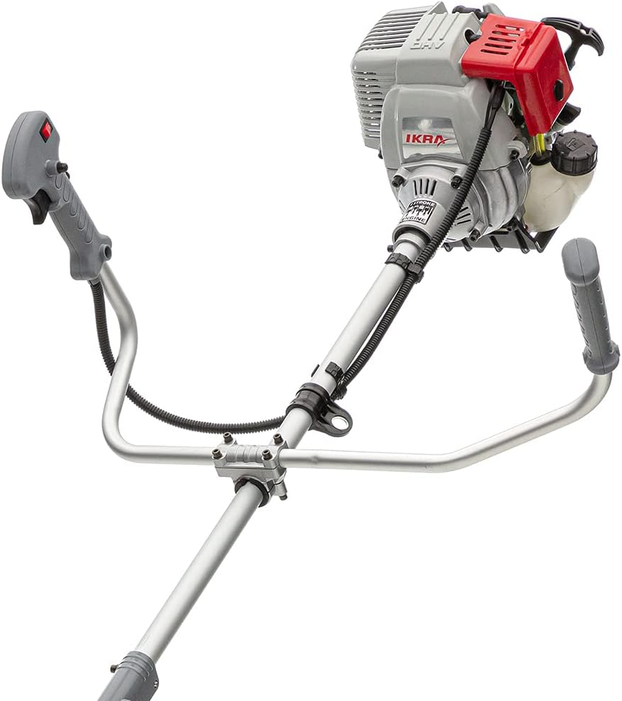 IKRA 73046760 Benzin Freischneider Trimmer IBF 31-4 inkl. Fadenspule, 3-Zahn-Messer & Schultergurt, Grasverwicklungsschutz, 0.7 W, Grau/Rot