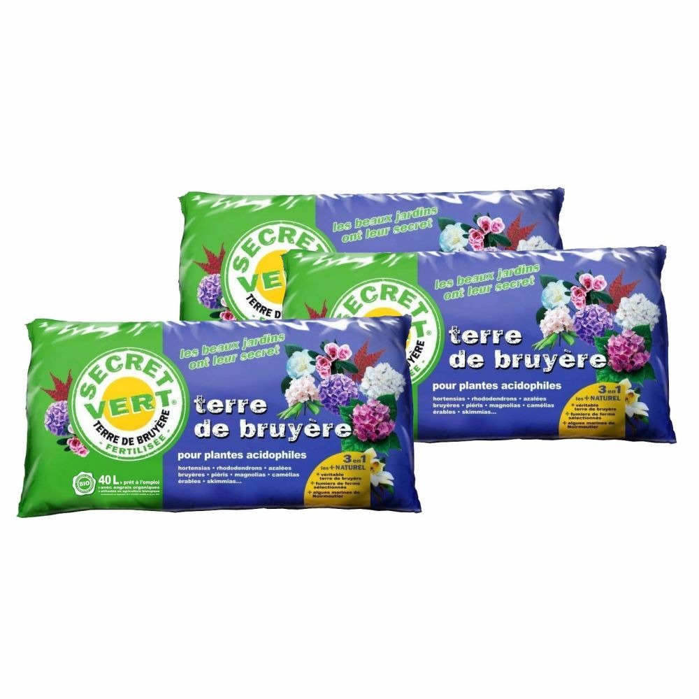 Terre de bruyère bio pour plantes acidophiles 40 litres lot de 3