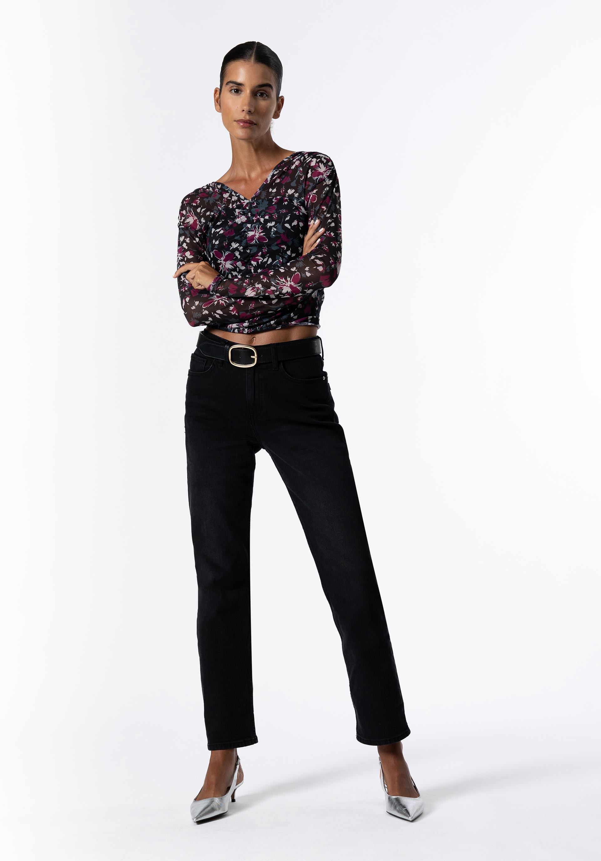 T-shirt Mesh Estampada com Franzidos