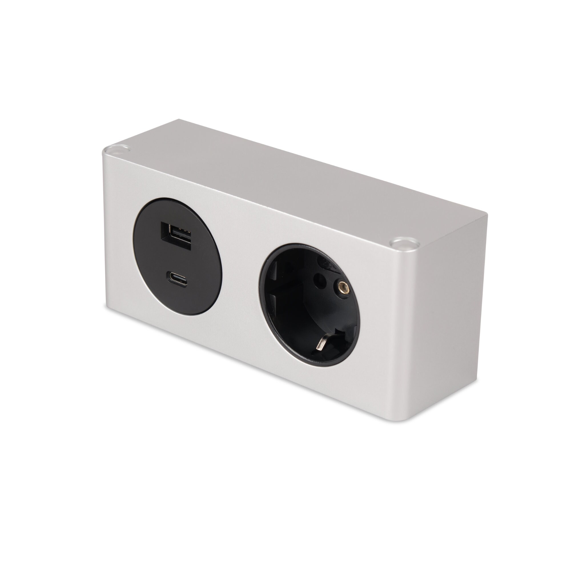 kalb | 2-fach Steckdosenleiste zur Montage, 1x 230V und 2x USB Steckdosen, 140x46x62.5 mm, Anschlusskabel mit Stecker, silber