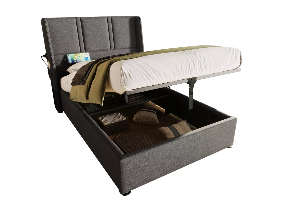 Lit coffre 90 x 200 cm avec tête de lit - Prises USB/Type-C - Tissu en lin - Gris (sans matelas)