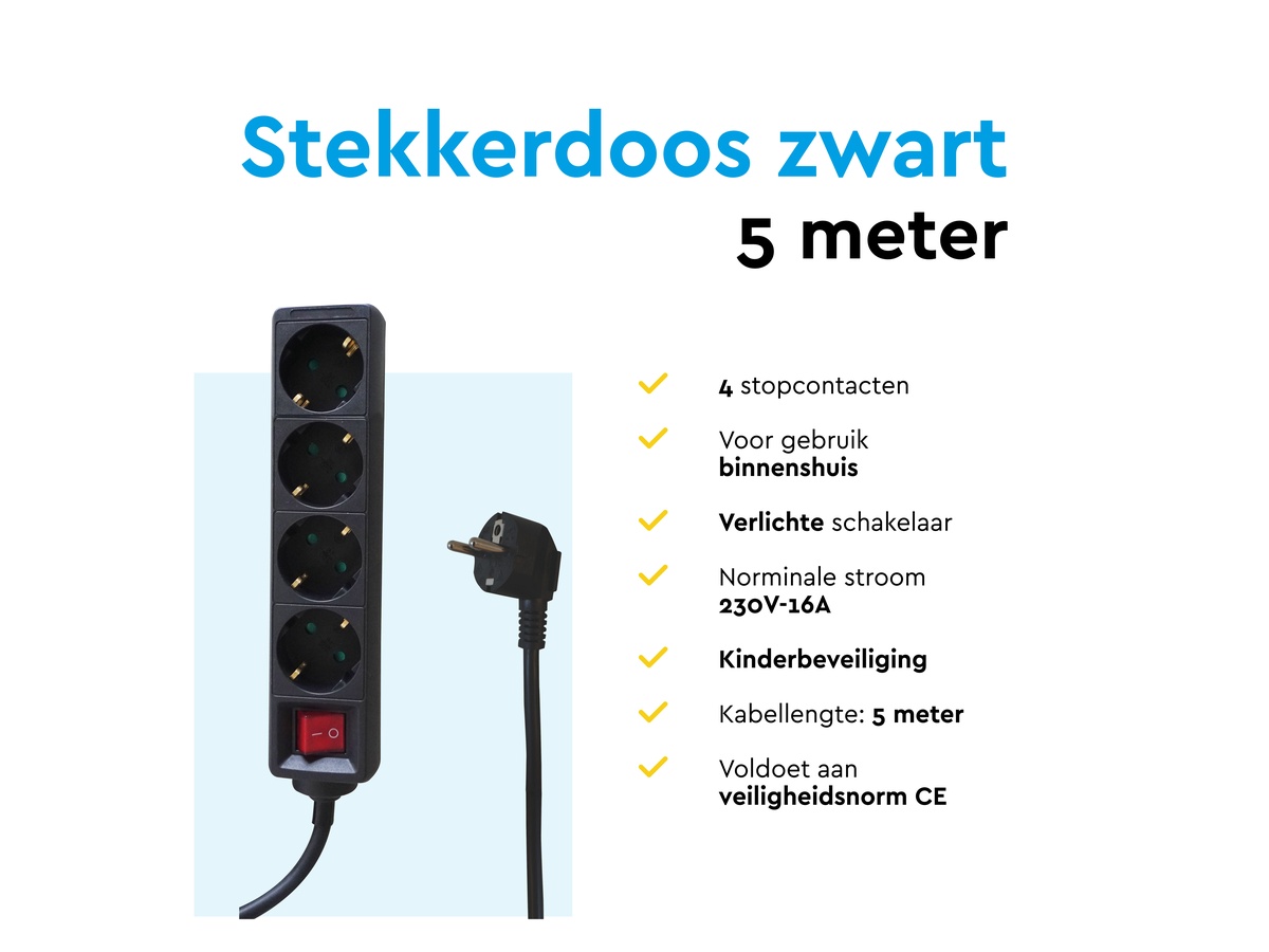 BRASQ 5 meter 4-voudige stekkerdoos met schakelaar - Black