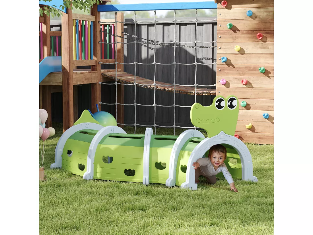 Tunnel de jeu pour enfants crocodile - parcours de motricité modulable - intérieur extérieur - gris vert