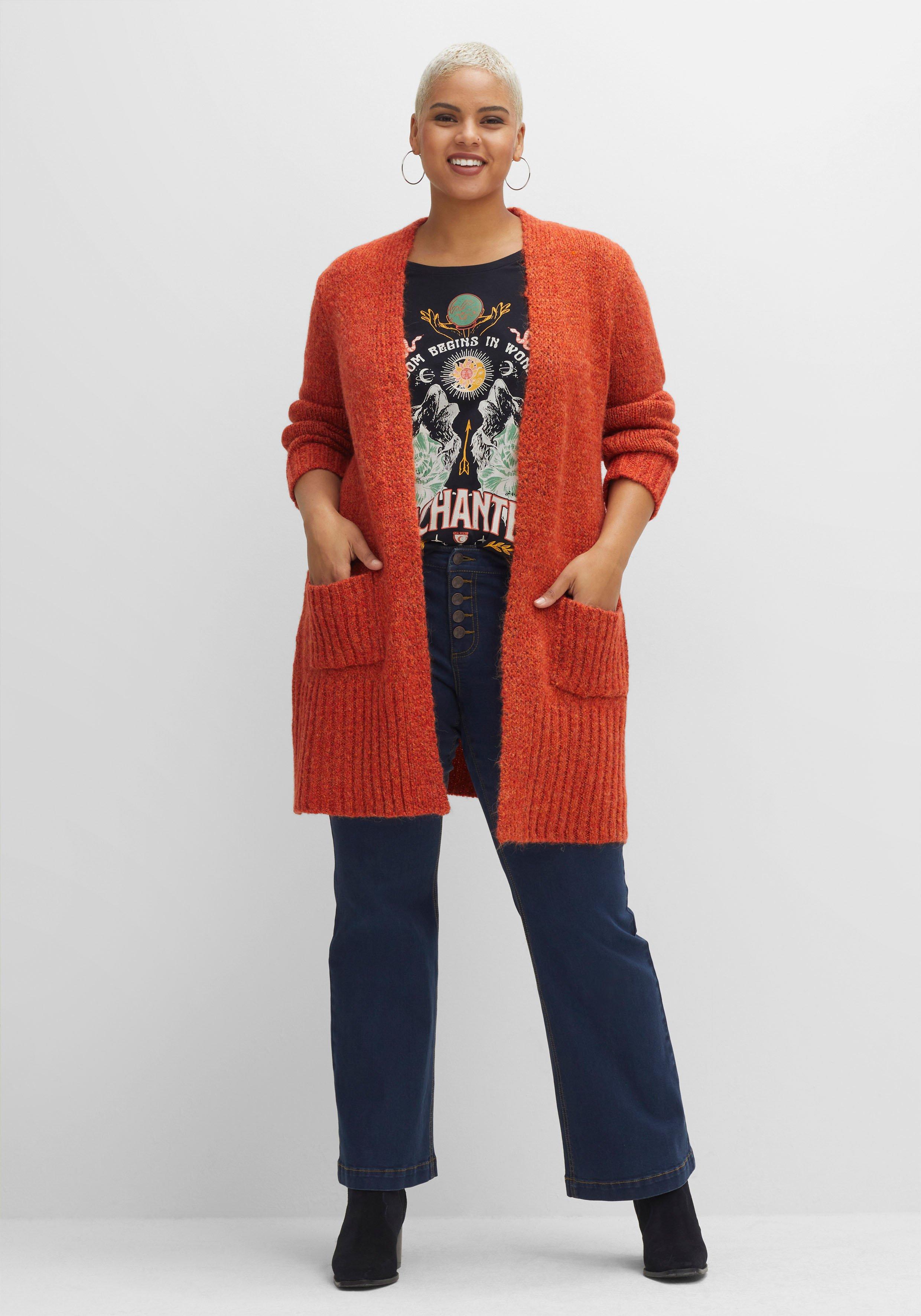 Verschlusslose Longstrickjacke in melierter Optik