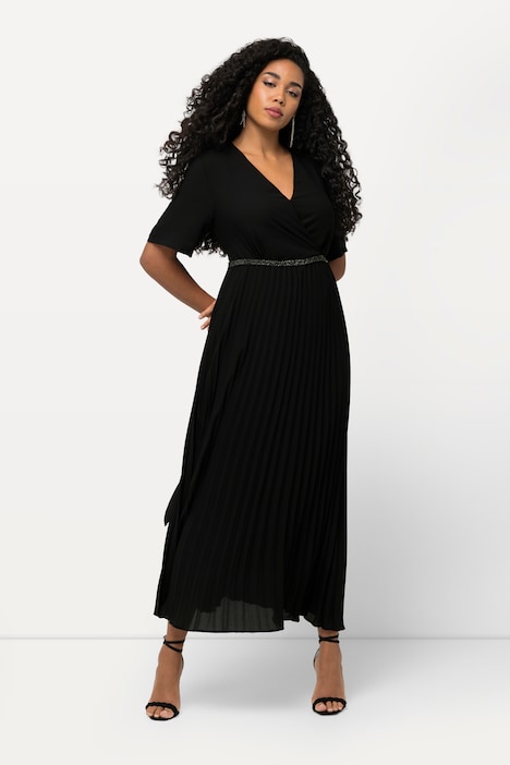 Maxikleid, Plissee, Wickeloptik, V-Ausschnitt, Halbarm