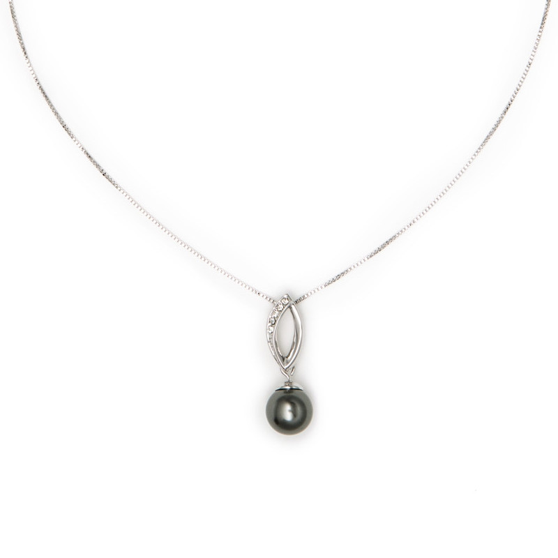 Pendentif Perle Grise Cristal et Plaqué or blanc