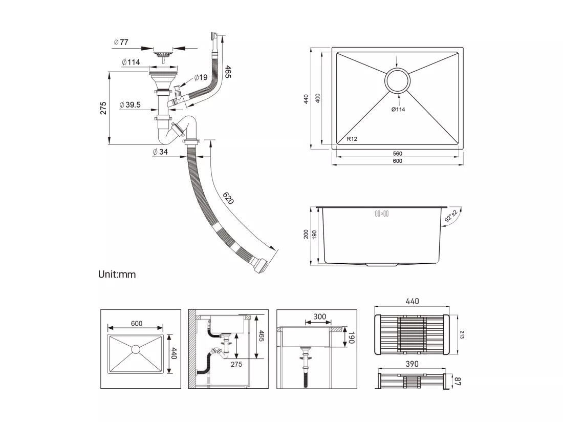 Auralum max Évier de Cuisine 1 Bac 60*44*20CM,Évier 1 Cuve en Acier inoxydable 304,Évier à Encastrer/sous-plan avec Panier de Drainage,Nano Silver