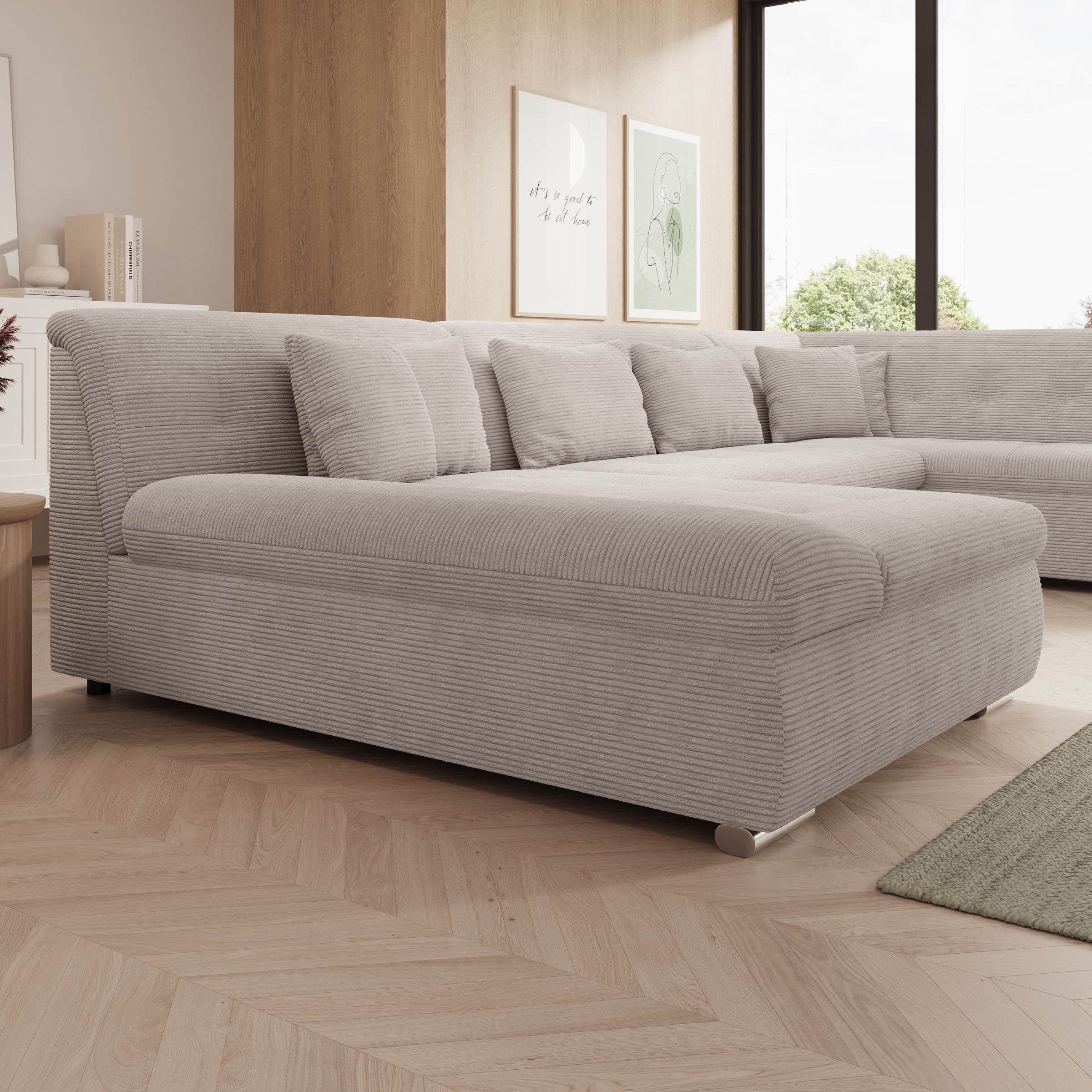 Alberta XL - Hoekbank 5-zits met slaapfunctie - Ribstof beige - Links - 346x207x80 cm