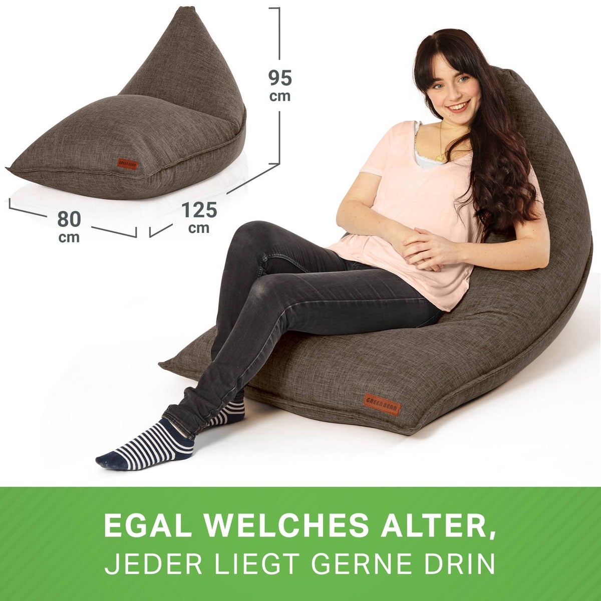 Green Bean Triangle Zitzak 150x100x100cm met 220 liter EPS-korrelvulling - Knuffelzacht en wasbaar - Binnenkussen van stof voor op de vloer, ligstoel en zitkussen - Bruin