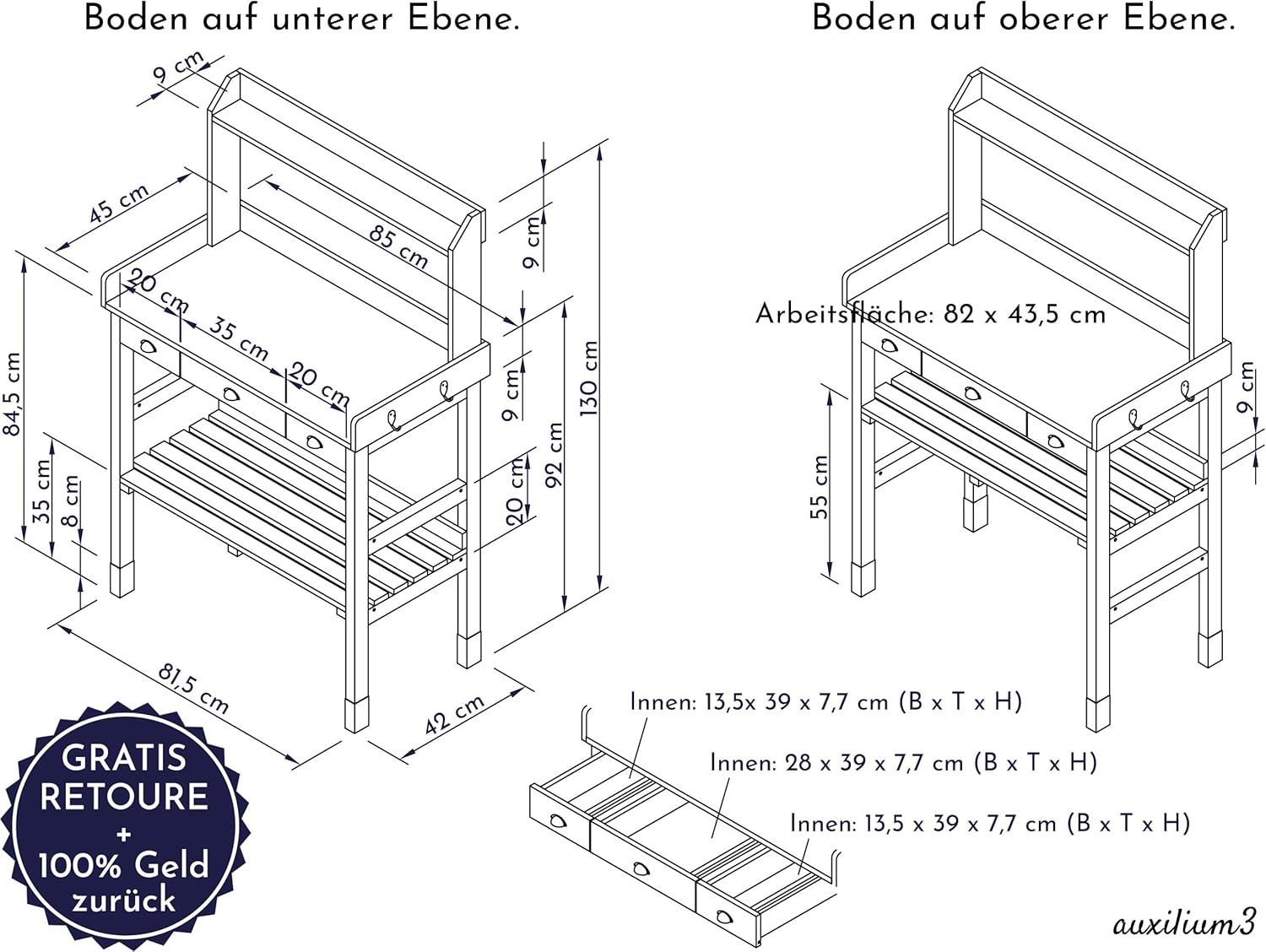 Großer Pflanztisch weiß mit 3 Schubladen aus Holz wetterfest, Garten-Arbeitstisch XL für Outdoor draußen Balkon hochwertig, Gärtnertisch, 85 x 45 x 130 cm, weiß grau