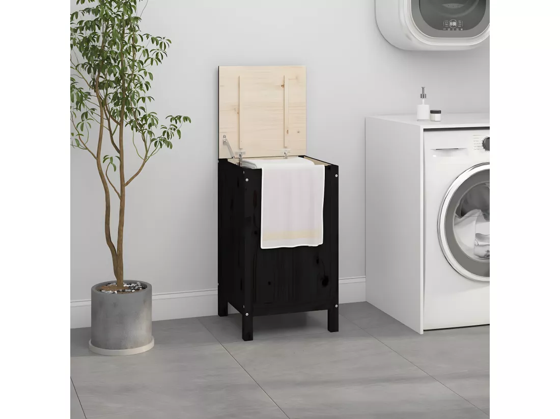 Boîte à linge Noir 44x44x76 Bois massif de pin