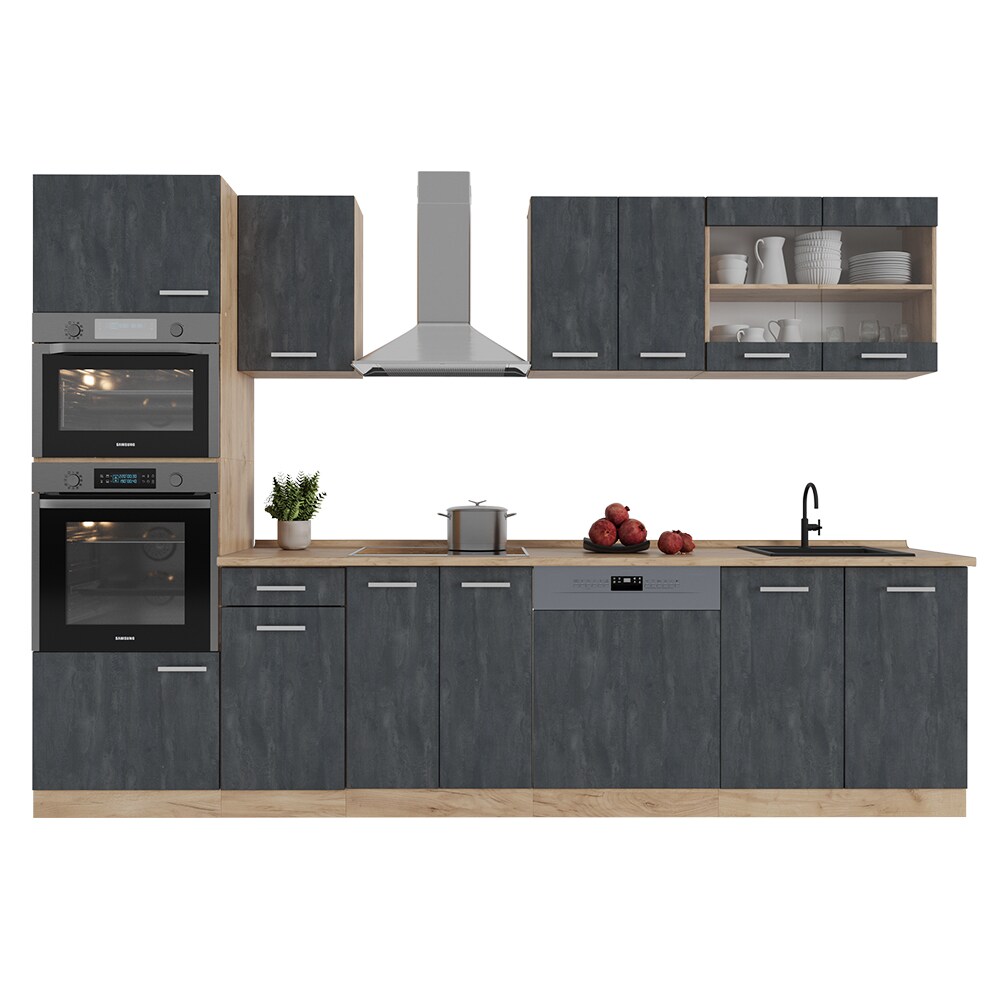 Vicco Küchenzeile R-Line 300 cm Schwarz Beton Eiche ohne Arbeitsplatte