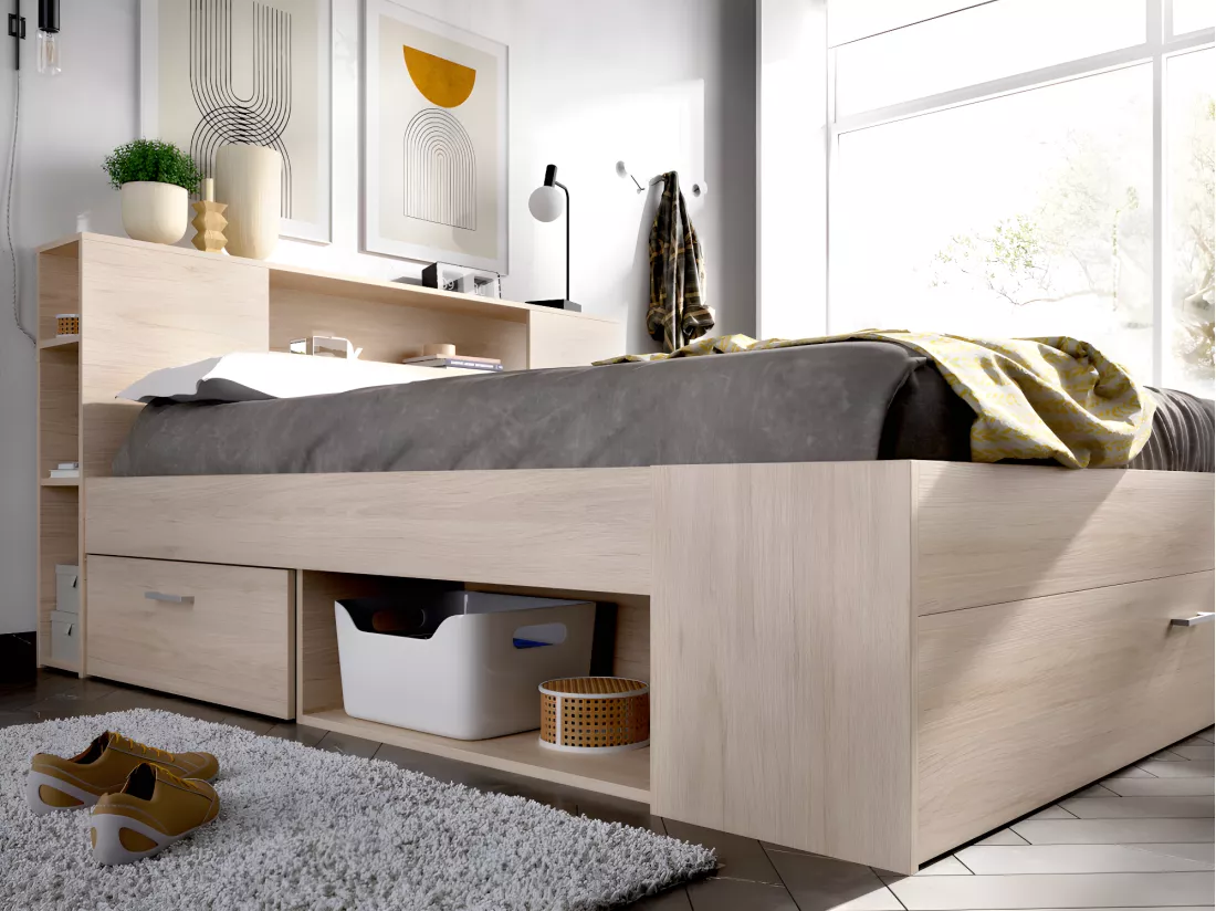 Lit avec tête de lit rangements et tiroirs - 140 x 190 cm - Coloris : Naturel + Sommier + Matelas - LEANDRE