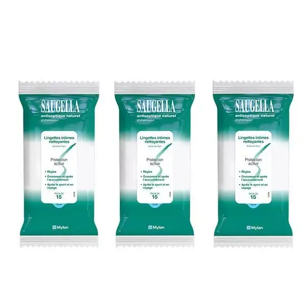 Lenços umedecidos antissépticos naturais Saugella para higiene íntima, pacote com 3 unidades de 15 lenços cada.