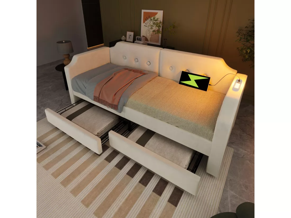 Lit capitonné 90 x 200 cm avec 2 tiroirs, canapé-lit avec 2 tiroirs, lampe de lecture et prise USB Type-C - Velours - Beige (sans matelas)