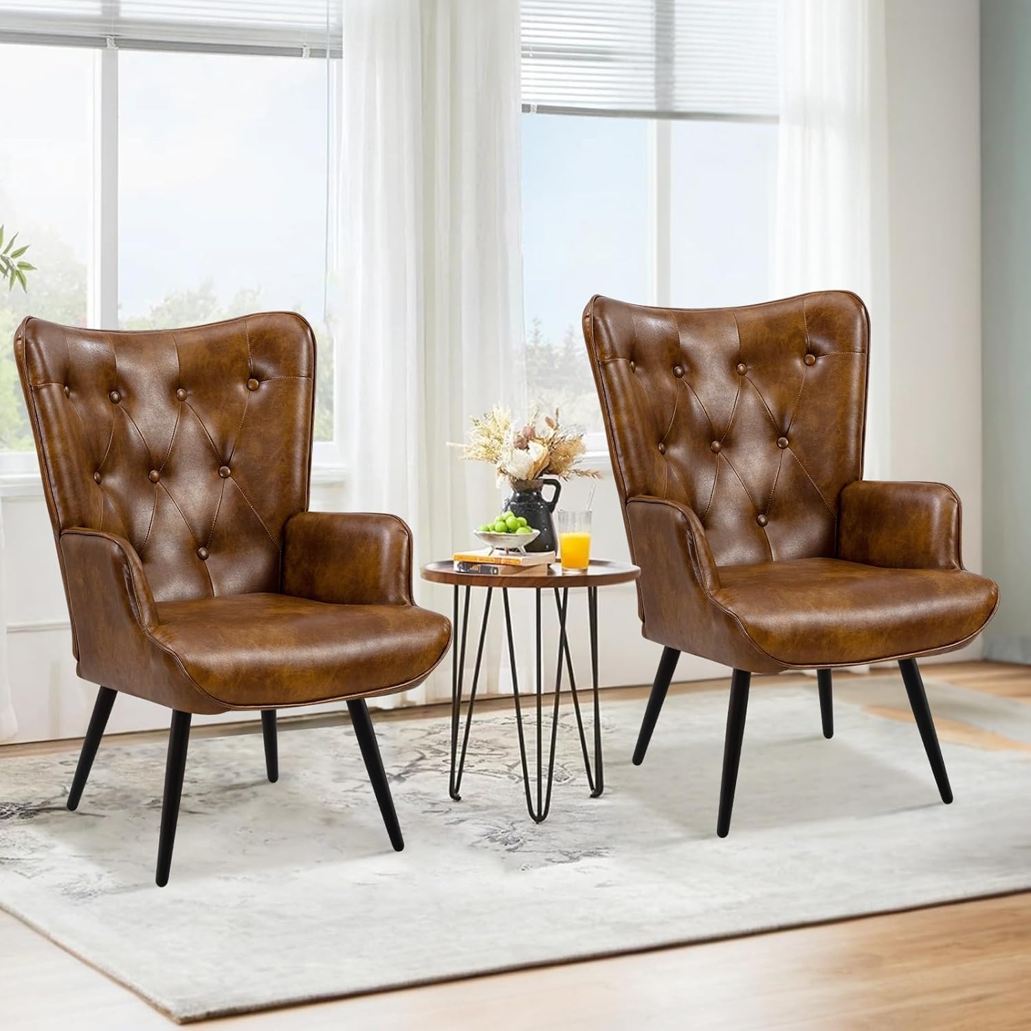 Ohrensessel Sessel Wohnzimmer 2er Set, Skandinavischer Stil Relaxsessel PU-Kunstleder mit Hoher Rückenlehne Loungesessel Polstersessel fürs Wohnzimmer Schlafzimmer Arbeitszimmer, Braun