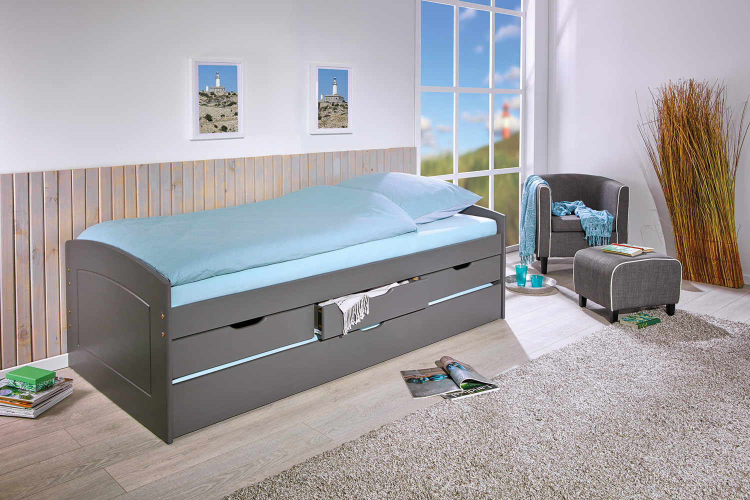 Funktionsbett RIEKA - grau - Kiefer Massivholz
