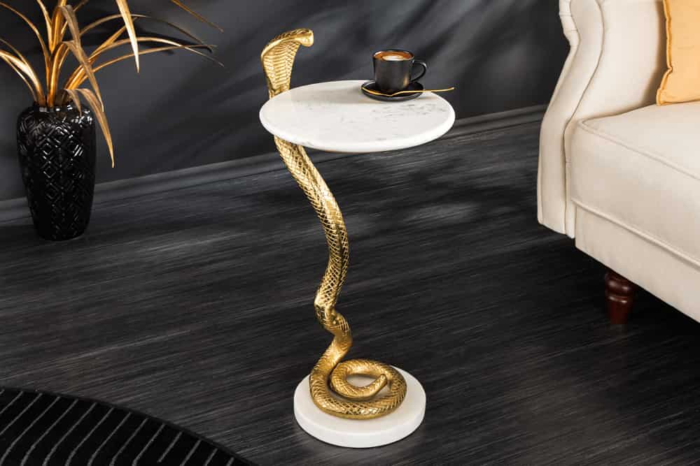 Runder Beistelltisch WILDLIFE COBRA 65cm gold weiß Marmor Schlangen-Skulptur handmade