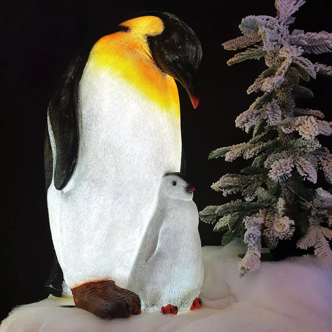 Pingouin lumineux et son bébé fibre de verre 8 LED (H60 cm) Blanc froid