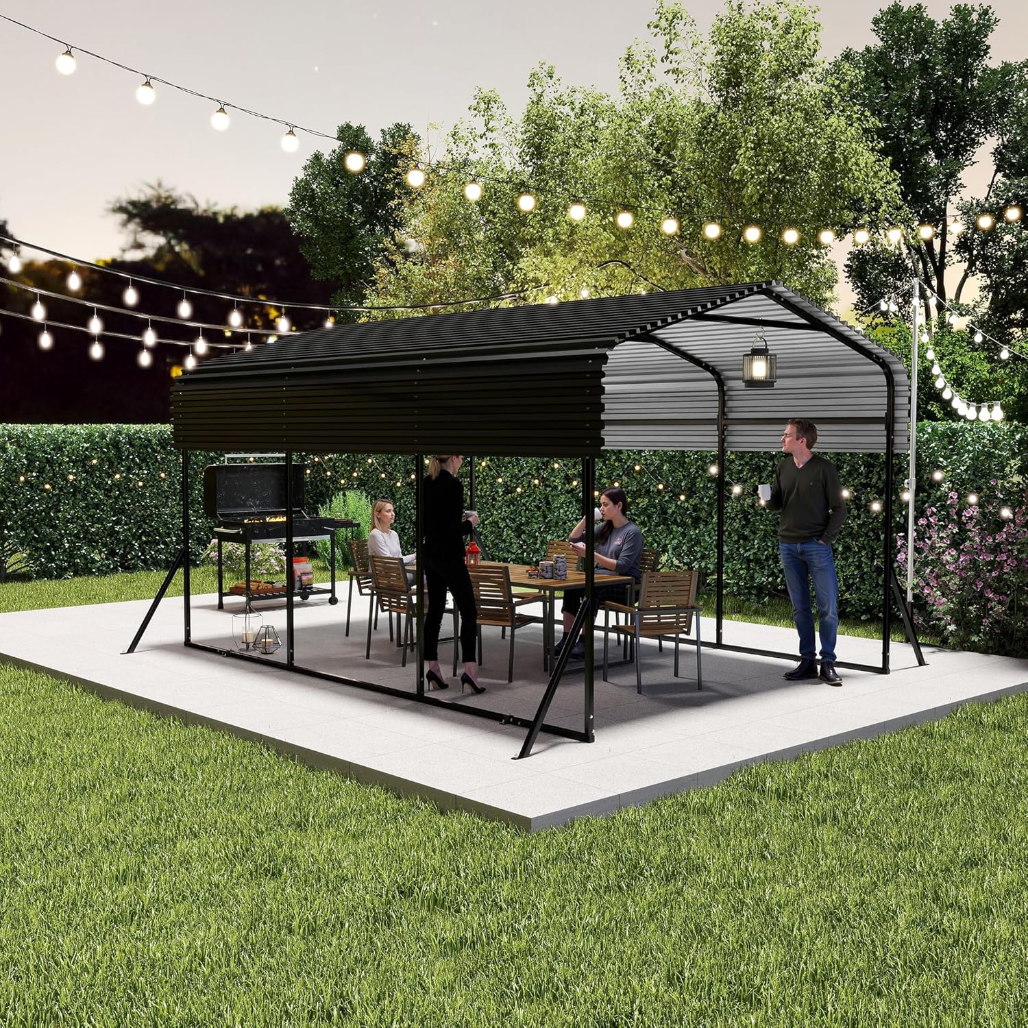 Outdoor-Autozelt-Garage | 10 x 15FT Carport Schwarz | Metall Außengarage-Auto-Unterstand| Schatten mit verzinktem Metalldach für Autos und Boote biwakzelt