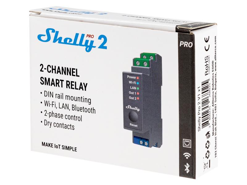 Shelly WLAN-Schaltaktor Shelly Pro 2 DIN-Rail-WiFi-Switch, IP-Relais mit Shelly Pro AddOn Schnittstelle