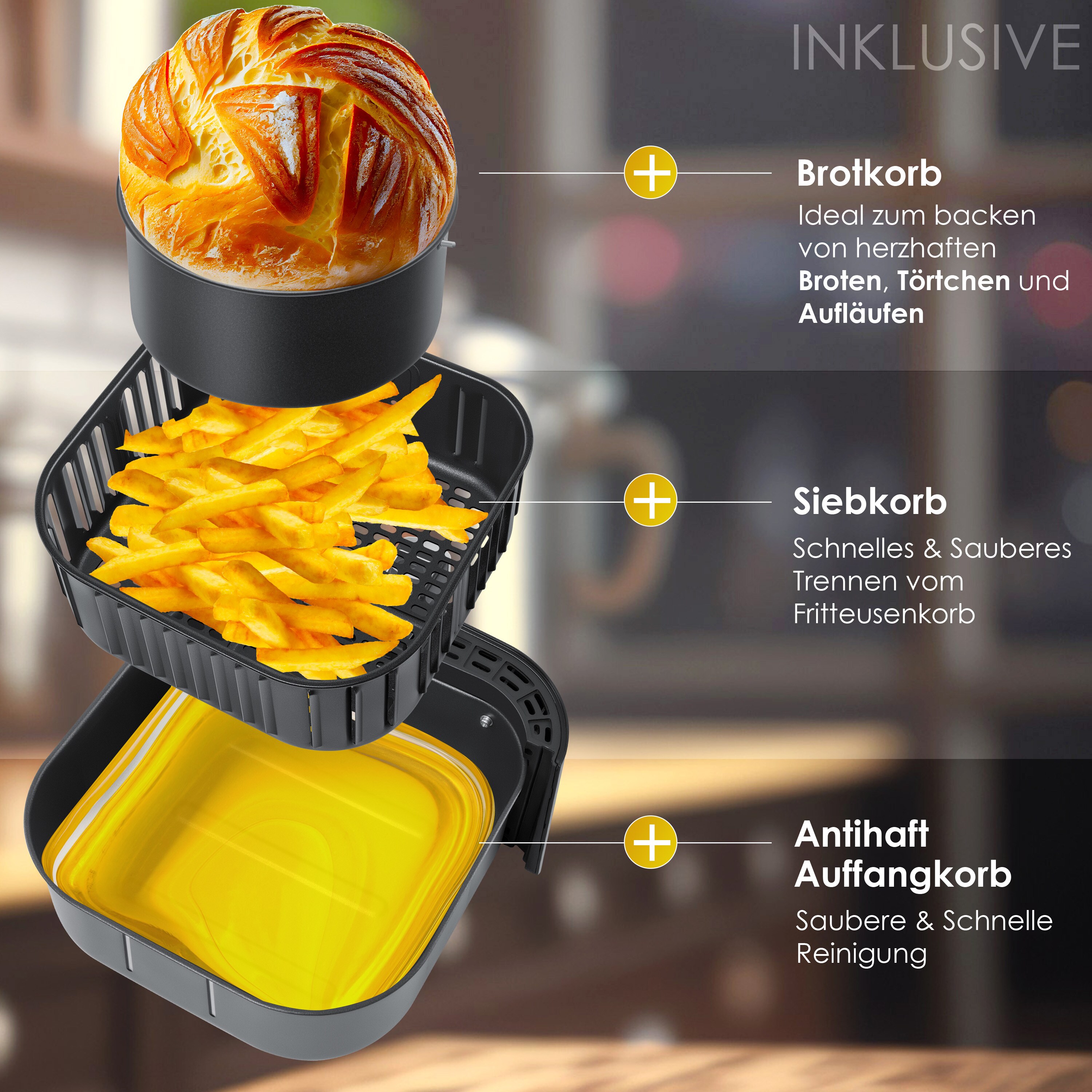 Kesser® XXL 5,5 Liter Heißluftfritteuse Edelstahl| inkl.Brotbackkorb | 1700W Friteuse Fritteuse Airfryer | Touch Display | 8 Programmen | ohne ÖL | ? Backofen ? Heißluft ? Grill | Fettfrei