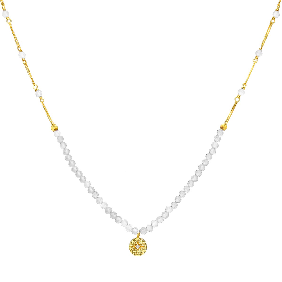 Collier Chaîne Argent Doré Avec Pierres De Lune Blanche Et Pampille