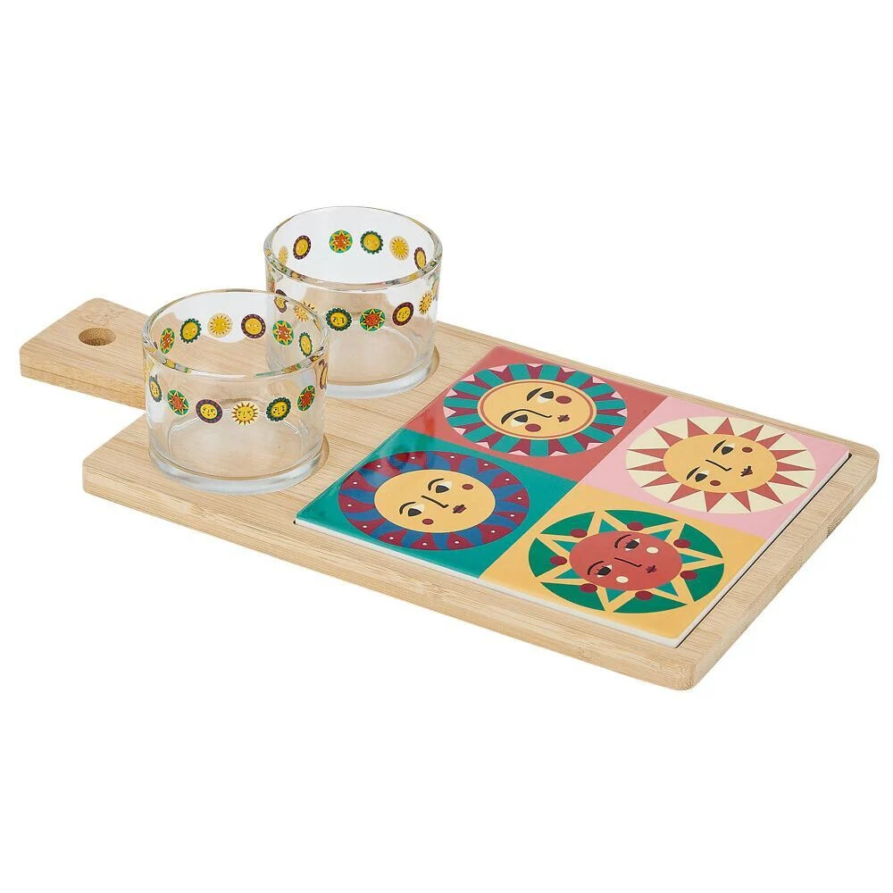 Planche de présentation apéritif bambou avec 2 ramequins 32x17x1cm