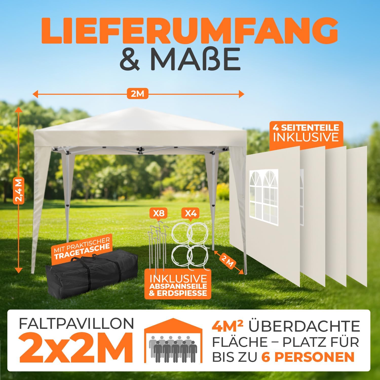 Kronenburg Faltpavillon wasserdicht Dachmaß 2 x 2 m UV Schutz 50+ Pavillon in Champagner mit 4 Seitenteilen