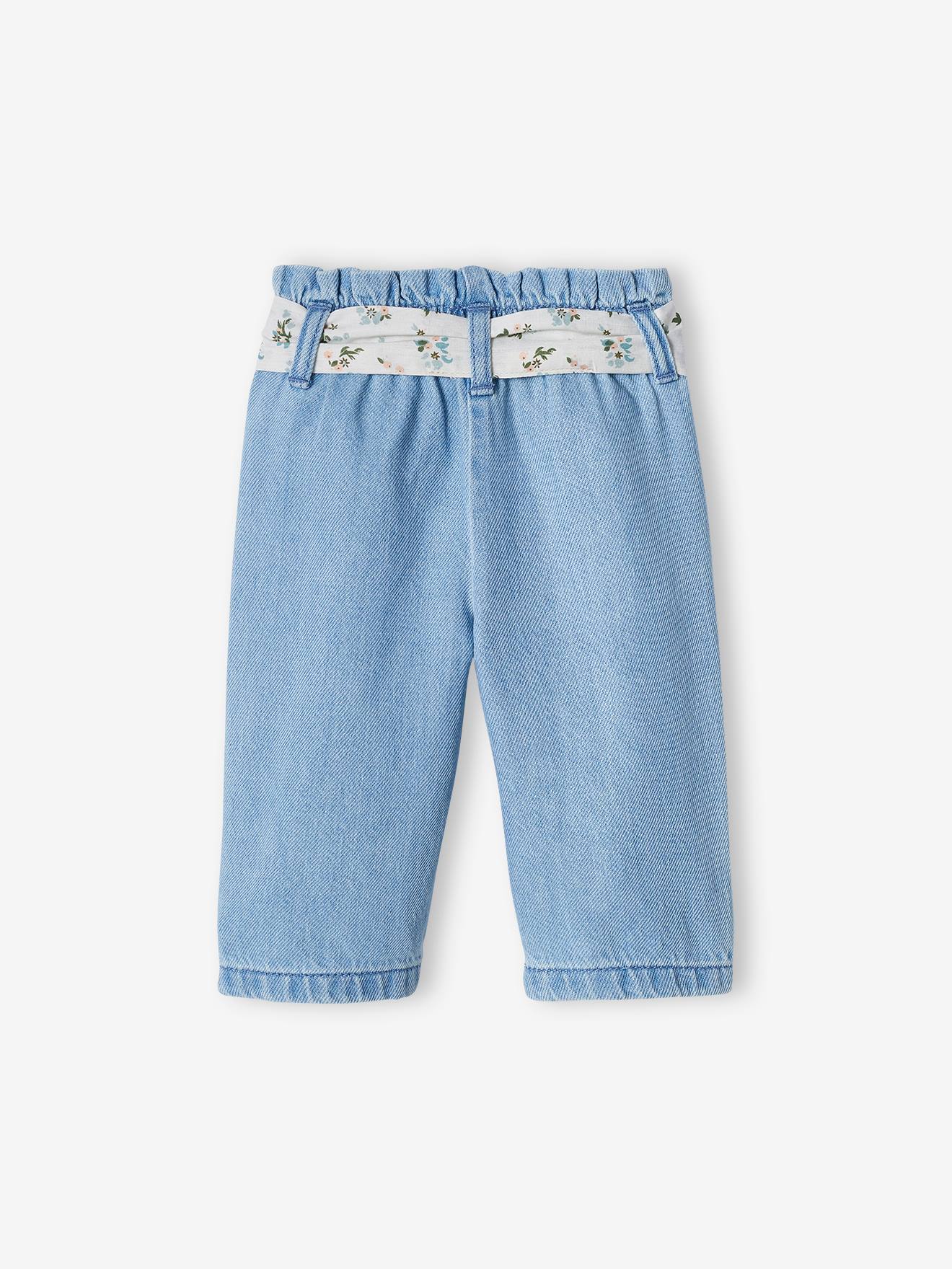 Calça jeans de perna larga com cinto de tecido para bebê, jeans desbotado