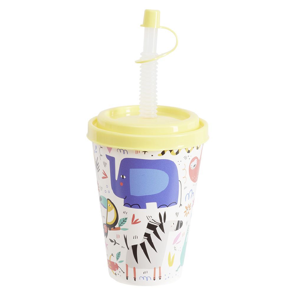 Gobelet avec couvercle paille plastique jaune Ø8,7xH20cm