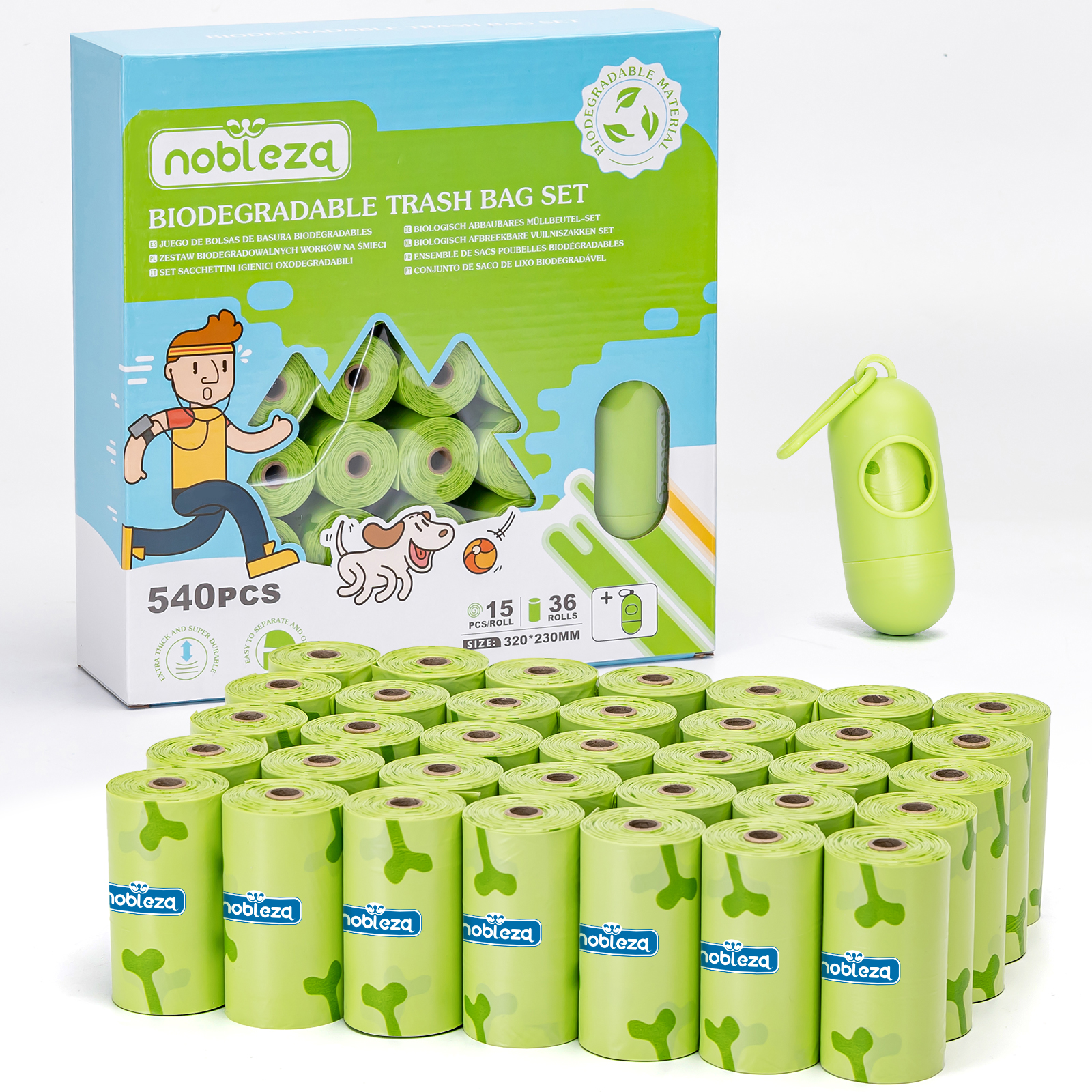 Sacos para Fezes de Cachorro Nobleza, Biodegradáveis, 540 Sacos com Dispensador, Extra Grossos, À Prova de Vazamentos, Sacos para Fezes de Cachorro, 36 Rolos