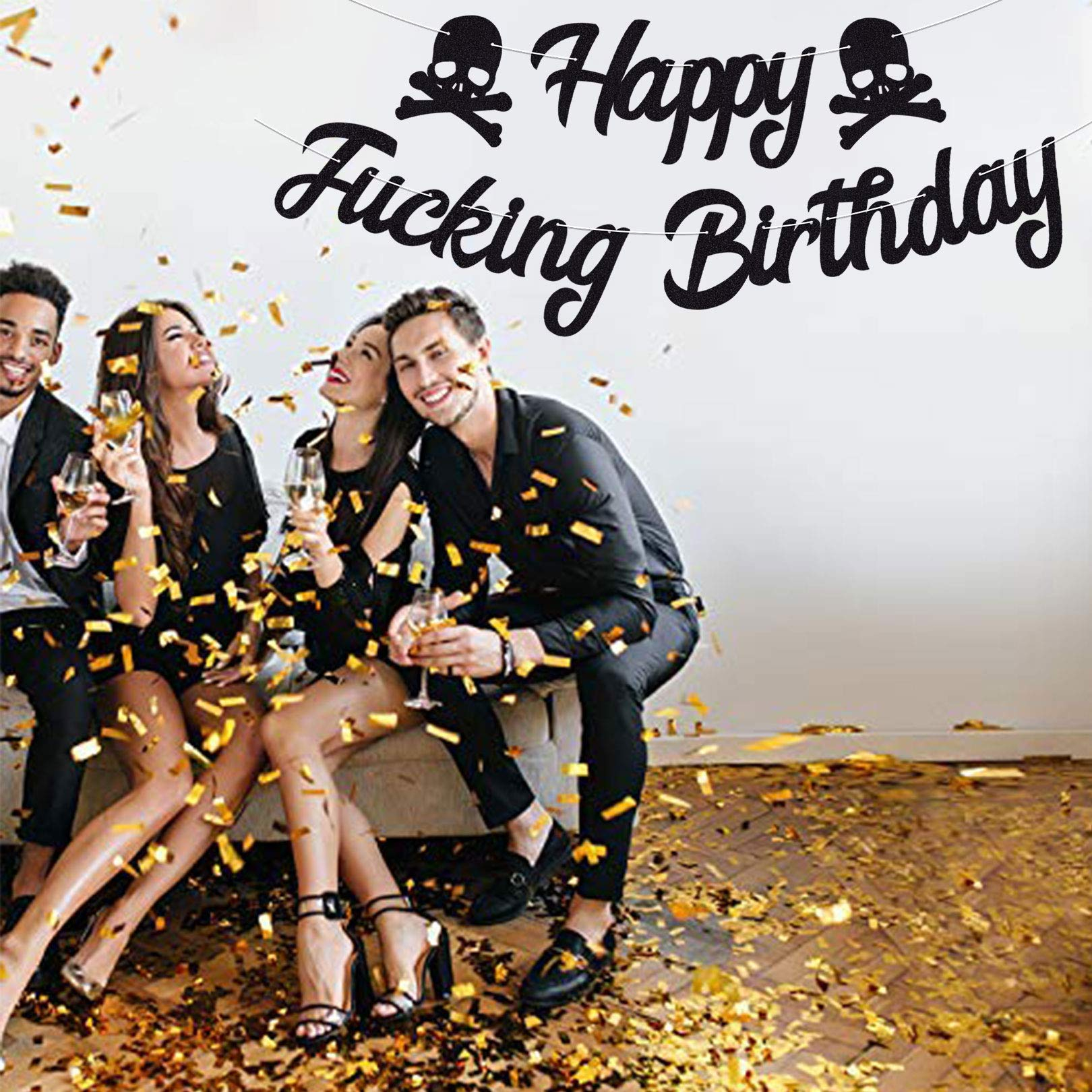 Happy F... Birthday Geburtstags Girlande Party Deko Totenkopf Accessoire - Schwarz (Glitzer)