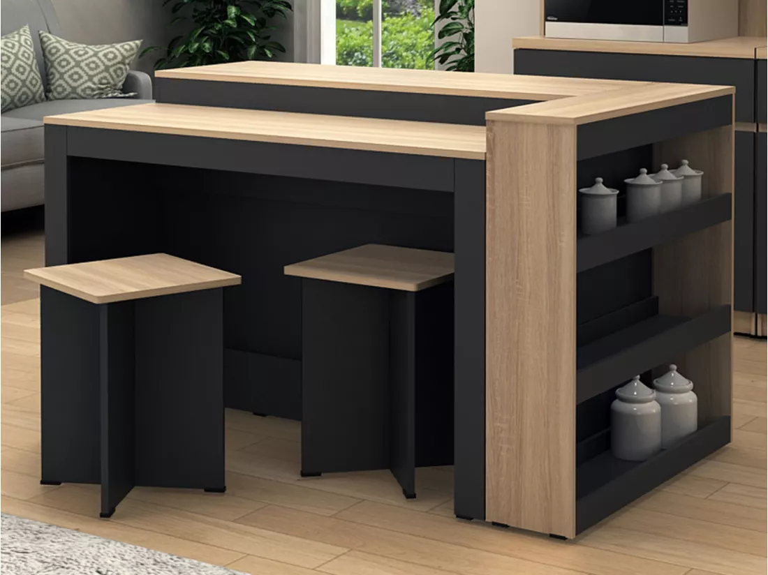 Ensemble îlot central de cuisine + 2 tabourets - Noir et naturel clair - NUSICE