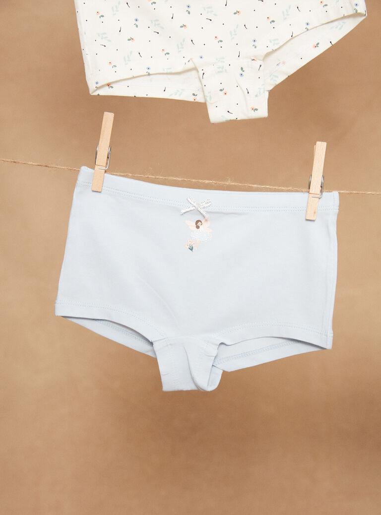 5 shortys ciel, écru, rose et orange à imprimé curs et fleuris et motifs fées danseuses