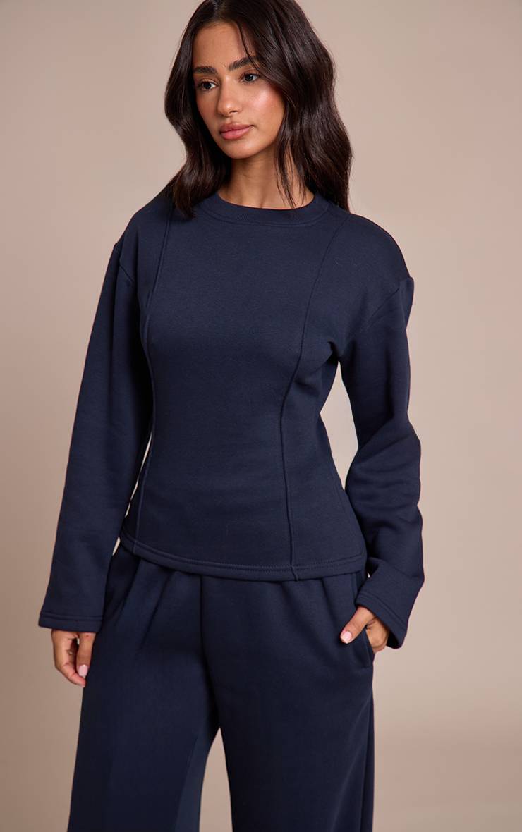 Bleu Marine Sweat-shirt Petite À Manches Longues Avec Taille Cintrée