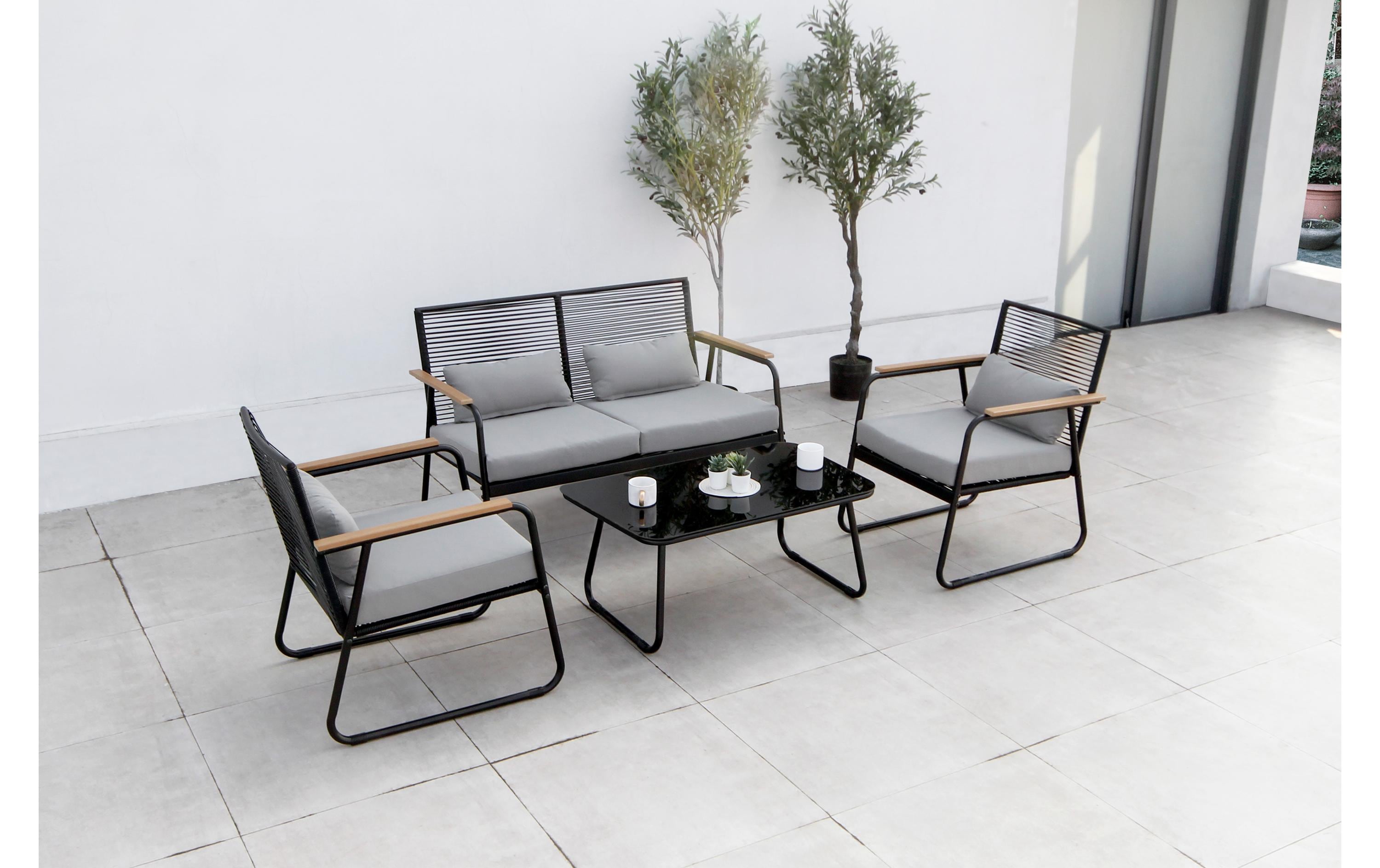 Loungeset Paxos, Anthrazit/Bambus, 4 Sitzplätze<br>4-teiliges Loungeset für den Garten oder Balkon