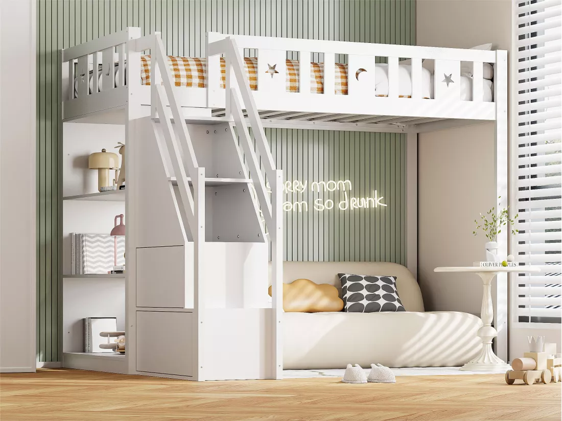 Lit mezzanine 90x200 cm - avec étagères et échelle de rangement - en bois massif - Blanc