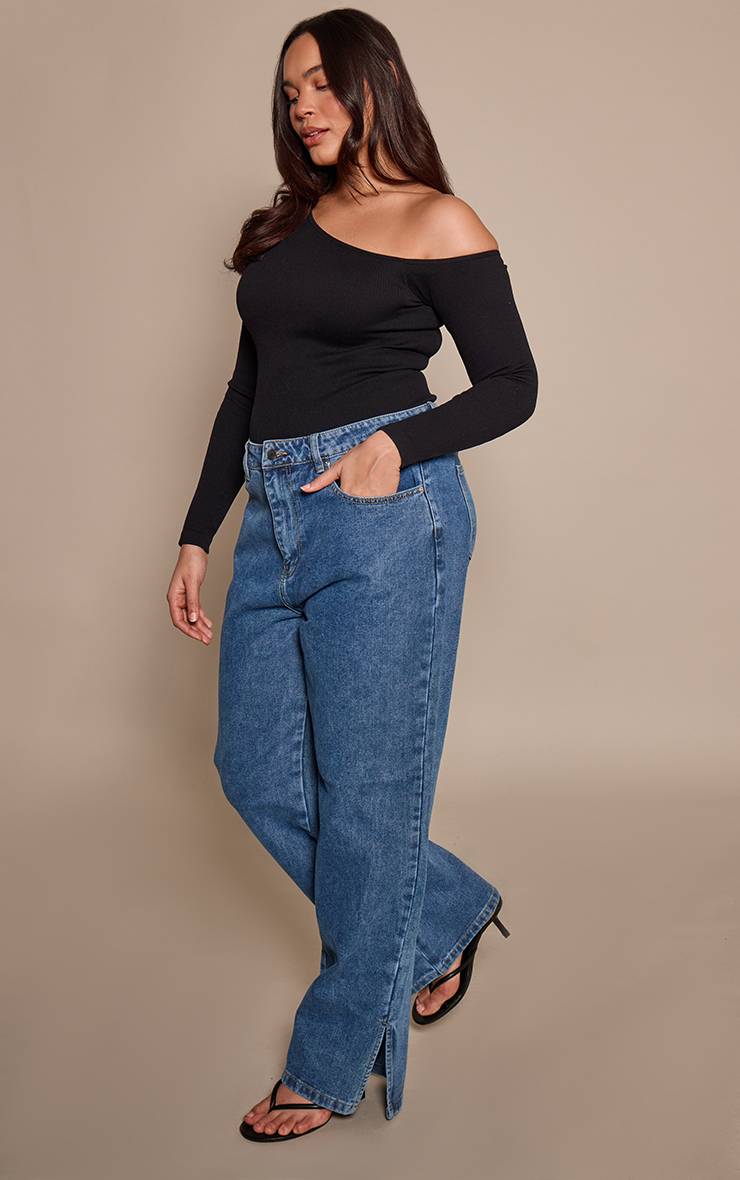 Noir Body Grande Taille Côtelé Contour Asymétrique À Manches Longues