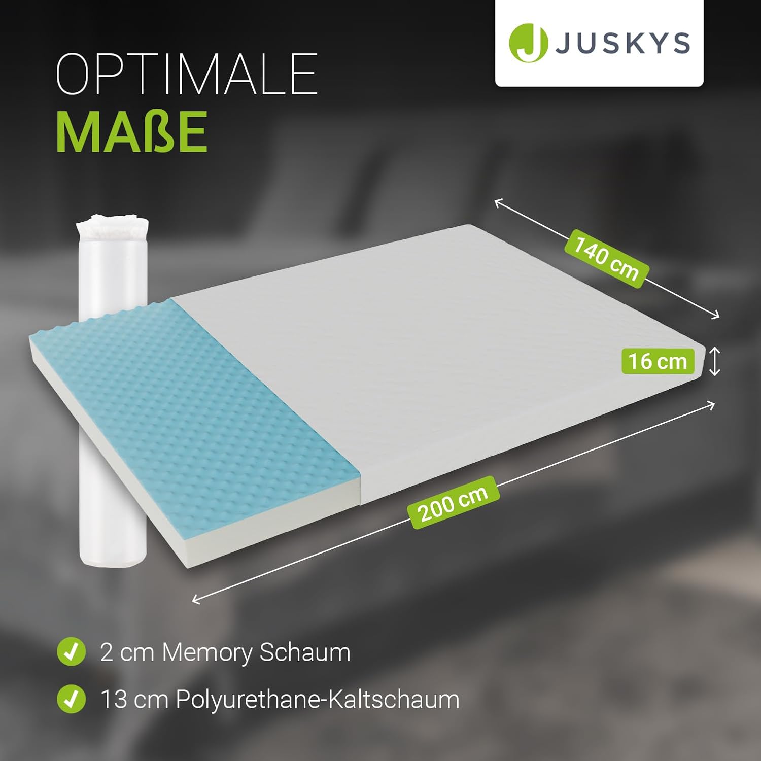 Juskys Kaltschaummatratze 140x200 cm, atmungsaktiv & antibakteriell, Bezug abziehbar & waschbar, Härtegrad H3, 16 cm Höhe - Matratze aus Kaltschaum