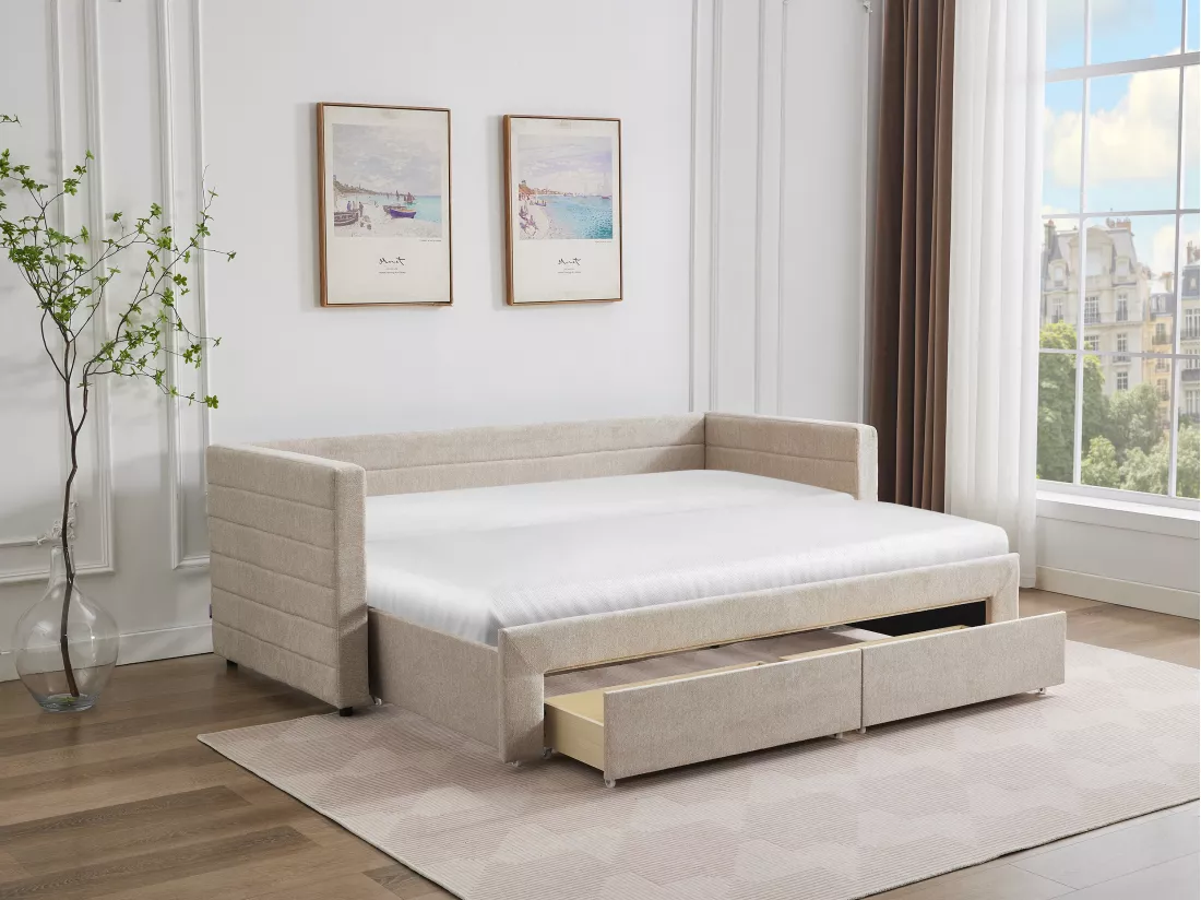 Lit gigogne 2 x 80 x 200 cm - Avec sommier peigne et tiroirs - Tissu texturé - Beige + Matelas - CAMITY