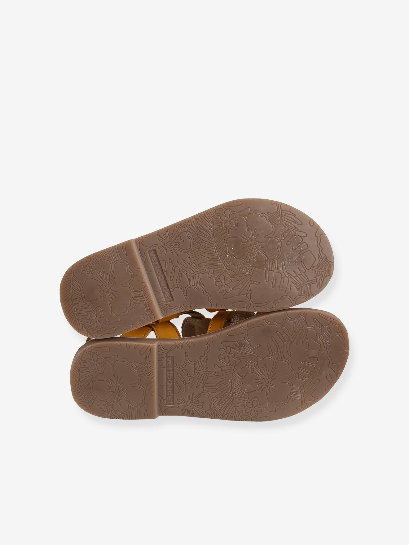 Sandálias de várias tiras para meninas, lisas, amarelo escuro com estampa.