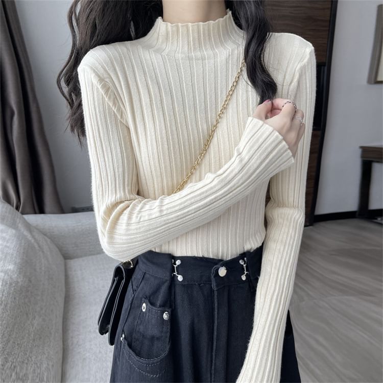 LINSI - Effen gebreide top met lange mouwen en mockneck
